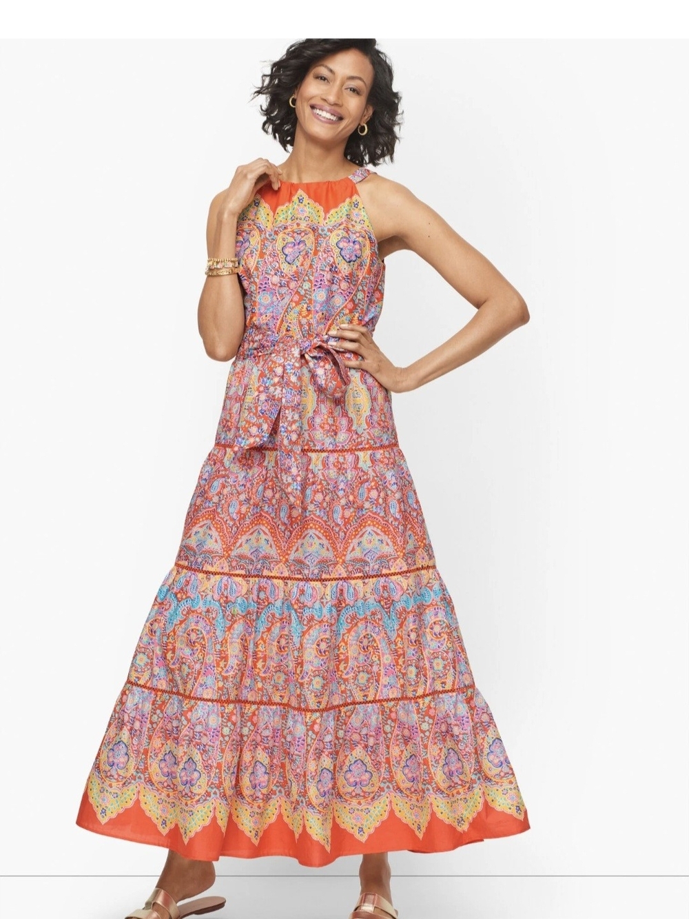 Talbots Women’s Coral Paisley Maxi Dress Blue Yellow Floral Sleeveless Size 12